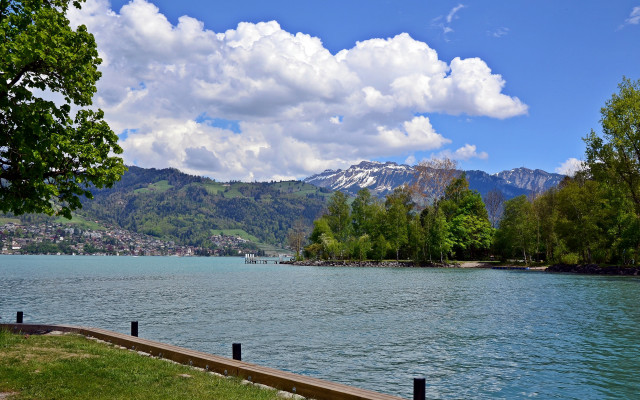 Lake mountain fence grassy scenery free wallpaper - medium preview image