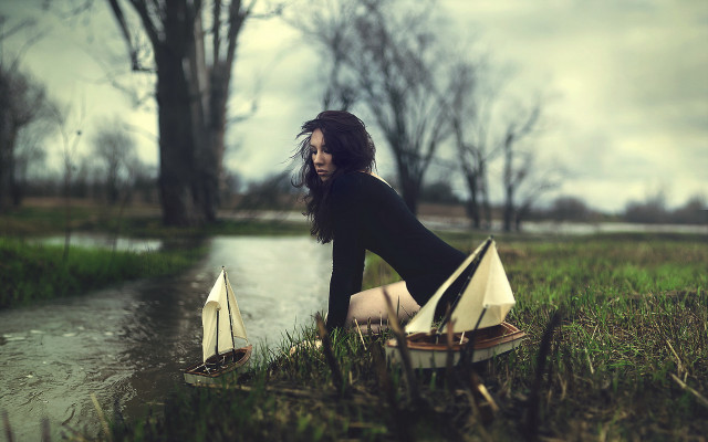 Woman boat field trees surreal free wallpaper - medium preview image