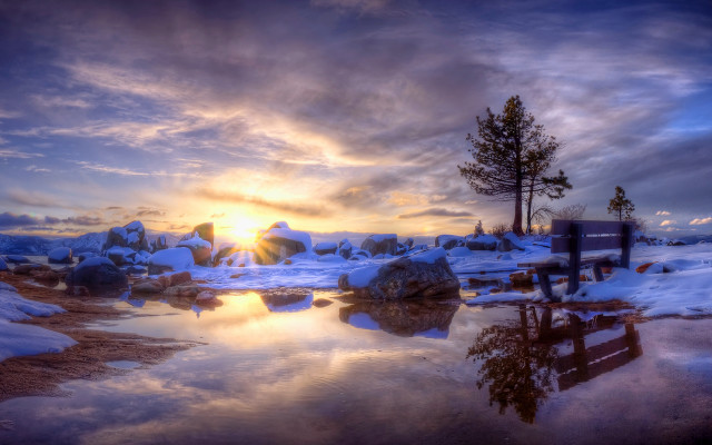 Sunset snowy landscape bench trees free wallpaper - medium preview image