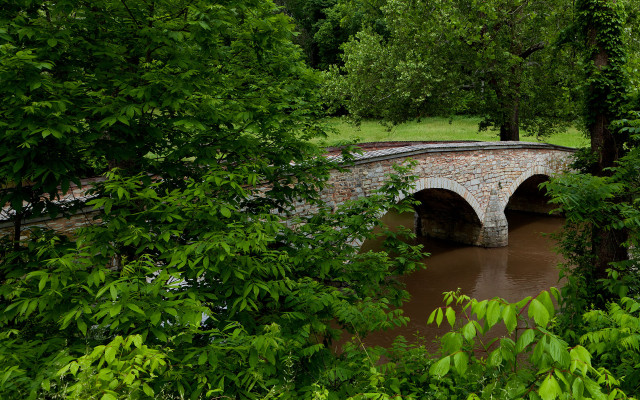 Stone bridge river trees bushes free wallpaper - medium preview image
