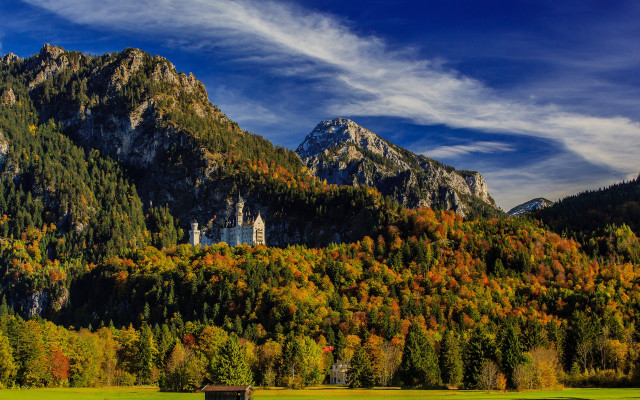 Mountain forest bench autumn sunset free wallpaper for desktop - medium preview image