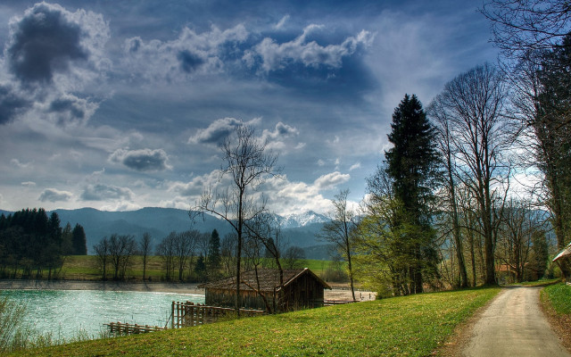 Dirt road lake forest bench free wallpaper - medium preview image