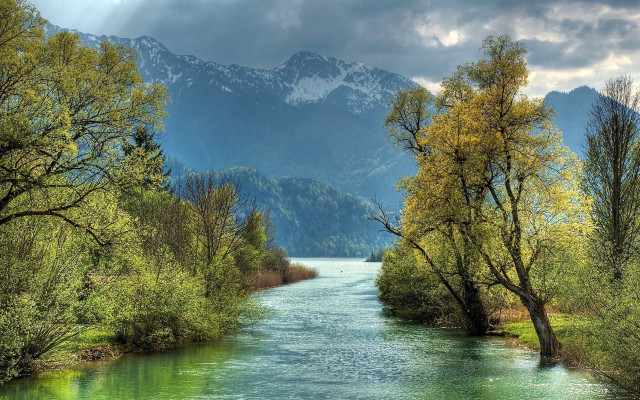 River forest mountains cloudy sky free wallpaper - medium preview image