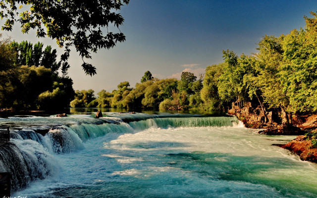 River waterfall fisherman autumn nature free wallpaper - medium preview image