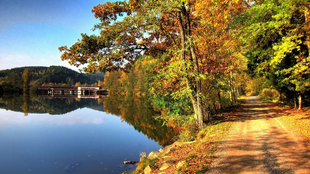 Lake bridge autumn fall leaves free wallpaper - medium preview image