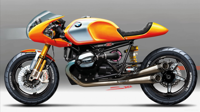 Motorcycle drawing silver background orange free wallpaper - medium preview image
