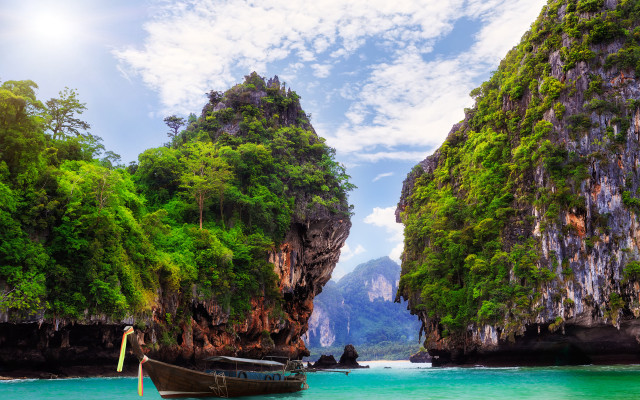 Boat mountains trees beach landscape free wallpaper - medium preview image