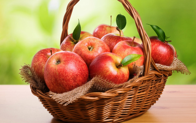 Basket apples green leafy background free wallpaper - medium preview image