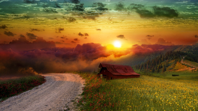 Red barn green field sunset #2 free wallpaper - medium preview image