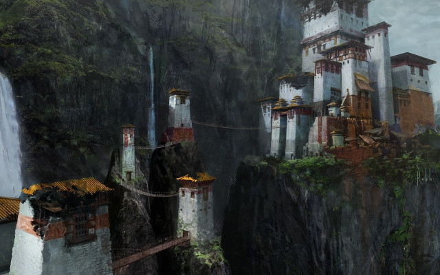 Castle mountain waterfall bridge fantasy free wallpaper - medium preview image
