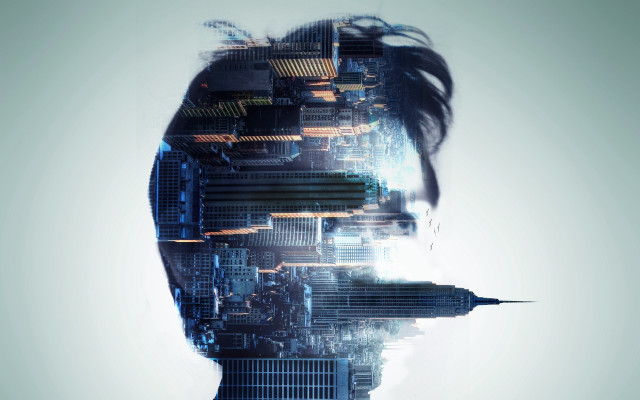 Futuristic man cityscape skyscraper reflection free wallpaper - medium preview image