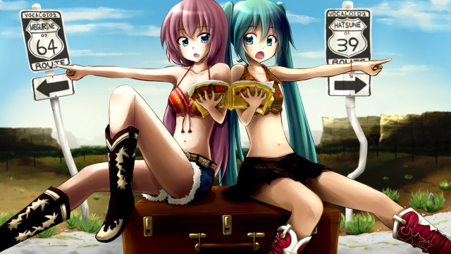 Anime girls suitcase road sign free wallpaper - medium preview image