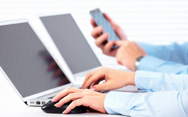 Person laptop cellphone mouse technology free wallpaper - medium preview image