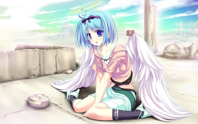 Blue hair angel girl cat free wallpaper - medium preview image