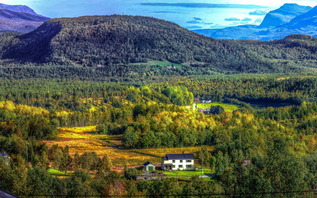House forest mountains blue sky free wallpaper - medium preview image