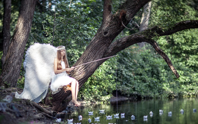 Angel sitting on tree lake free wallpaper - medium preview image