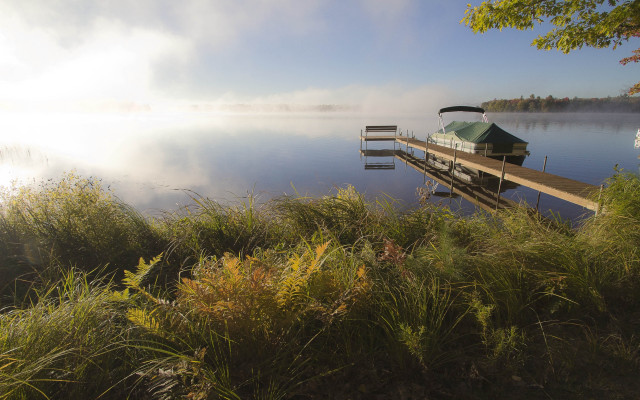 Lake dock boat fog trees free wallpaper - medium preview image