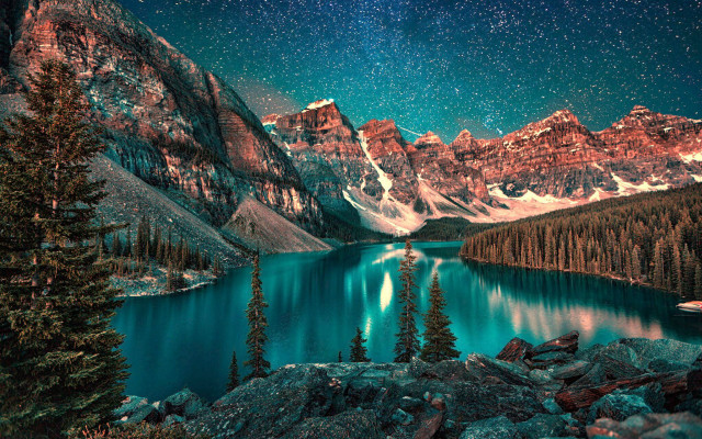 Lake mountains night sky forest free wallpaper - medium preview image
