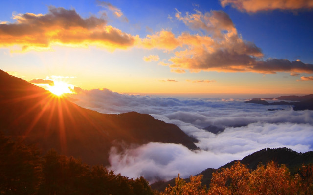 Sunset mountain clouds trees beach free wallpaper - medium preview image