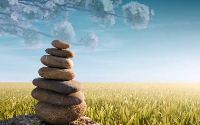 Stacked rocks grass field tree free wallpaper - medium preview image