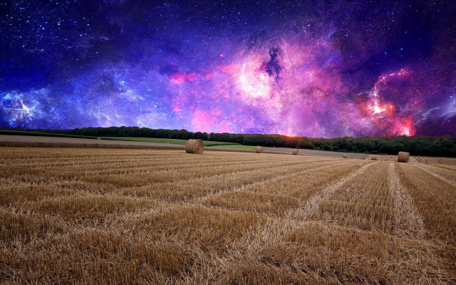Field haybales night sky stars free wallpaper - medium preview image