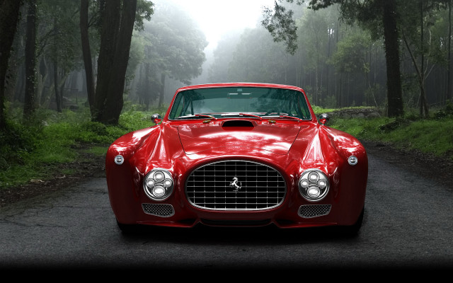 Red car woods fog photorealistic free wallpaper - medium preview image