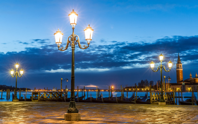 Streetlight stonewalkway water night cloudy free wallpaper - medium preview image