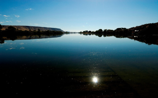 Lake sun reflection trees hill free wallpaper - medium preview image
