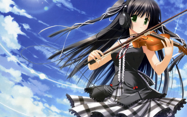 Girl violin sky clouds photorealistic free wallpaper - medium preview image