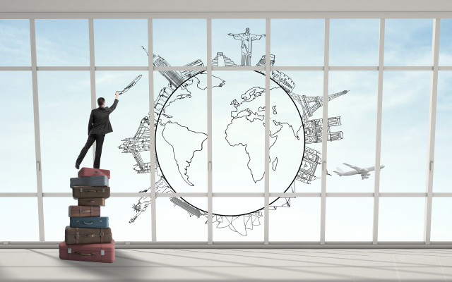 Man luggage window plane illustration free wallpaper - medium preview image