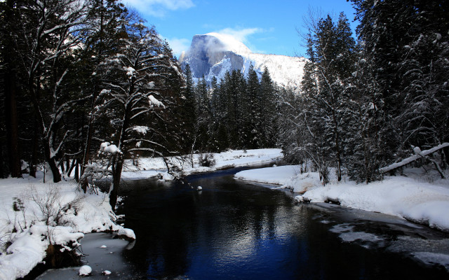 Snowy forest river mountain night free wallpaper - medium preview image