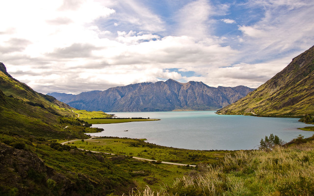 Mountain lake beach cloudy sky free wallpaper - medium preview image