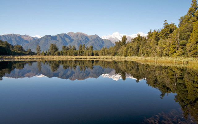 Lake mountains trees sky reflections free wallpaper - medium preview image