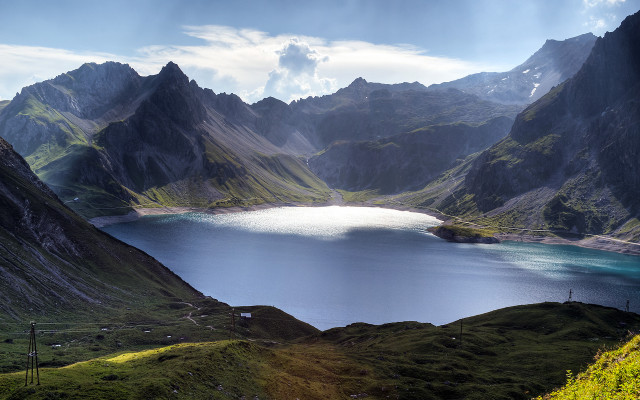 Lake mountains green field fence free wallpaper - medium preview image