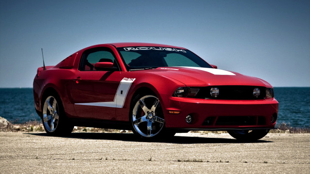 Red mustang car beach ocean free wallpaper - medium preview image