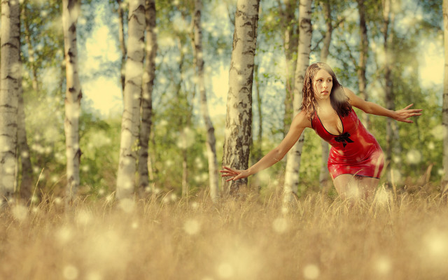 Woman red dress field outstretched free wallpaper - medium preview image