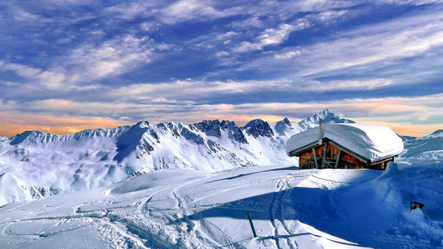 Snowy mountain cabin sky clouds free wallpaper - medium preview image