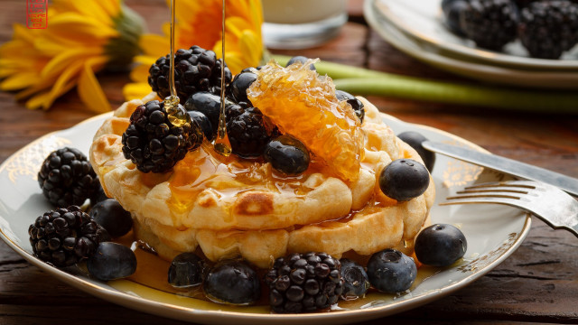 Waffles berries syrup fork orange free wallpaper - medium preview image