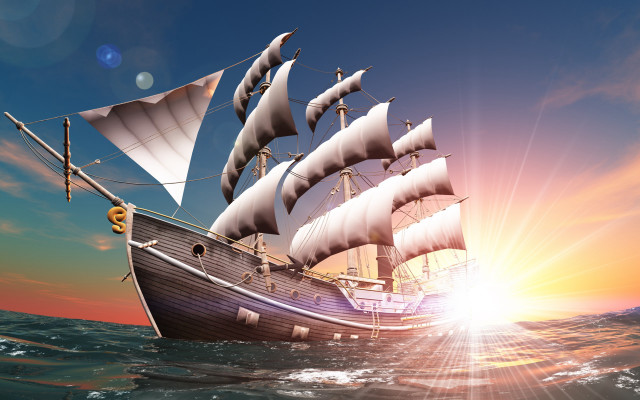 Sailboat sunset ocean lensflare water free wallpaper - medium preview image