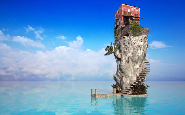 Cliffside house stairs ocean digital free wallpaper - medium preview image