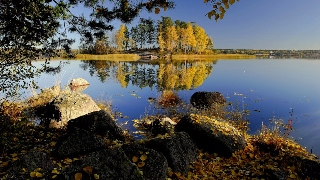 Lake rocks trees bridge autumn free wallpaper - medium preview image