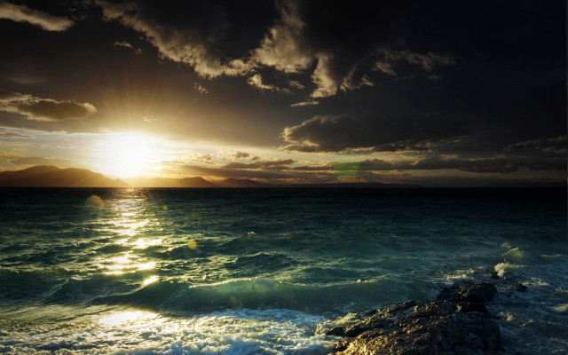 Sunset ocean rocky shore mountains #2 free wallpaper - medium preview image