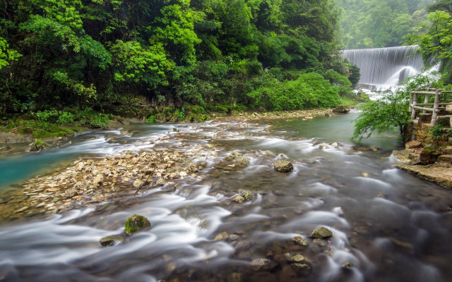 River waterfall rocks bridge nature free wallpaper - medium preview image