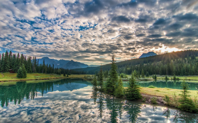 Lake mountains trees clouds sunrays free wallpaper - medium preview image