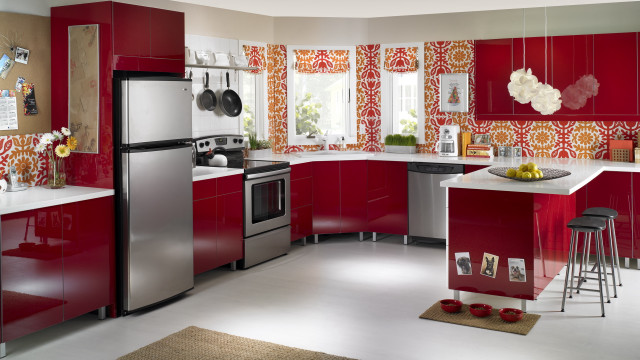 Kitchen red cabinets silver fridge free wallpaper - medium preview image