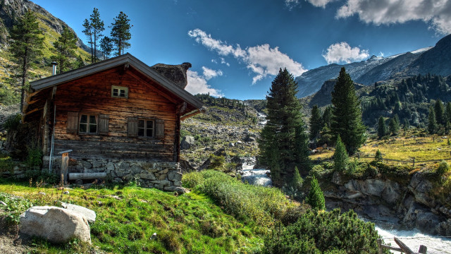 Mountain cabin stream forest sky free wallpaper - medium preview image