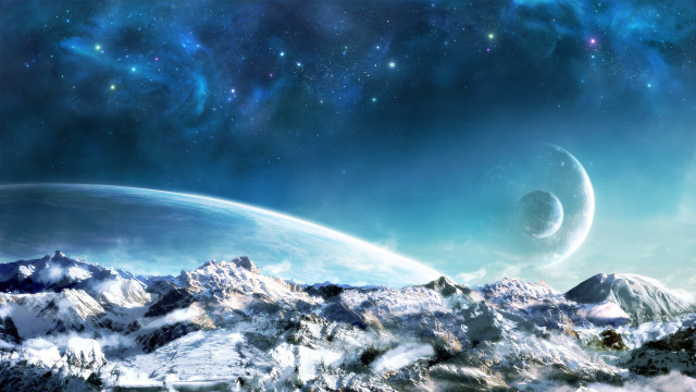 Distant planet mountains stars aurora free wallpaper - medium preview image