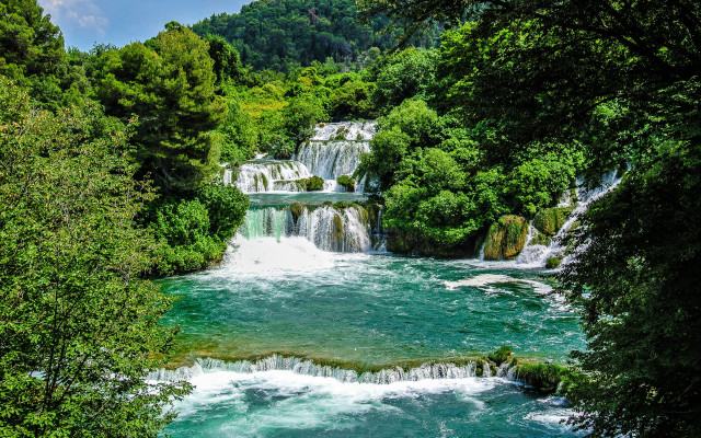 River waterfall trees bushes blue free wallpaper - medium preview image
