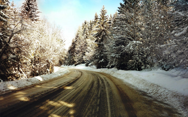 Snow covered road forest mountain free wallpaper - medium preview image