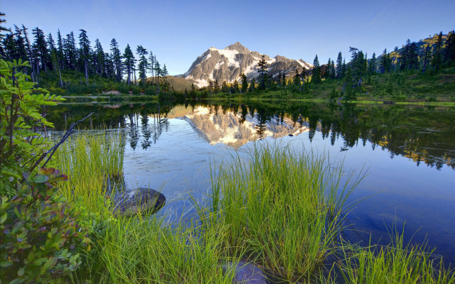 Mountain reflection lake tallgrass trees free wallpaper - medium preview image